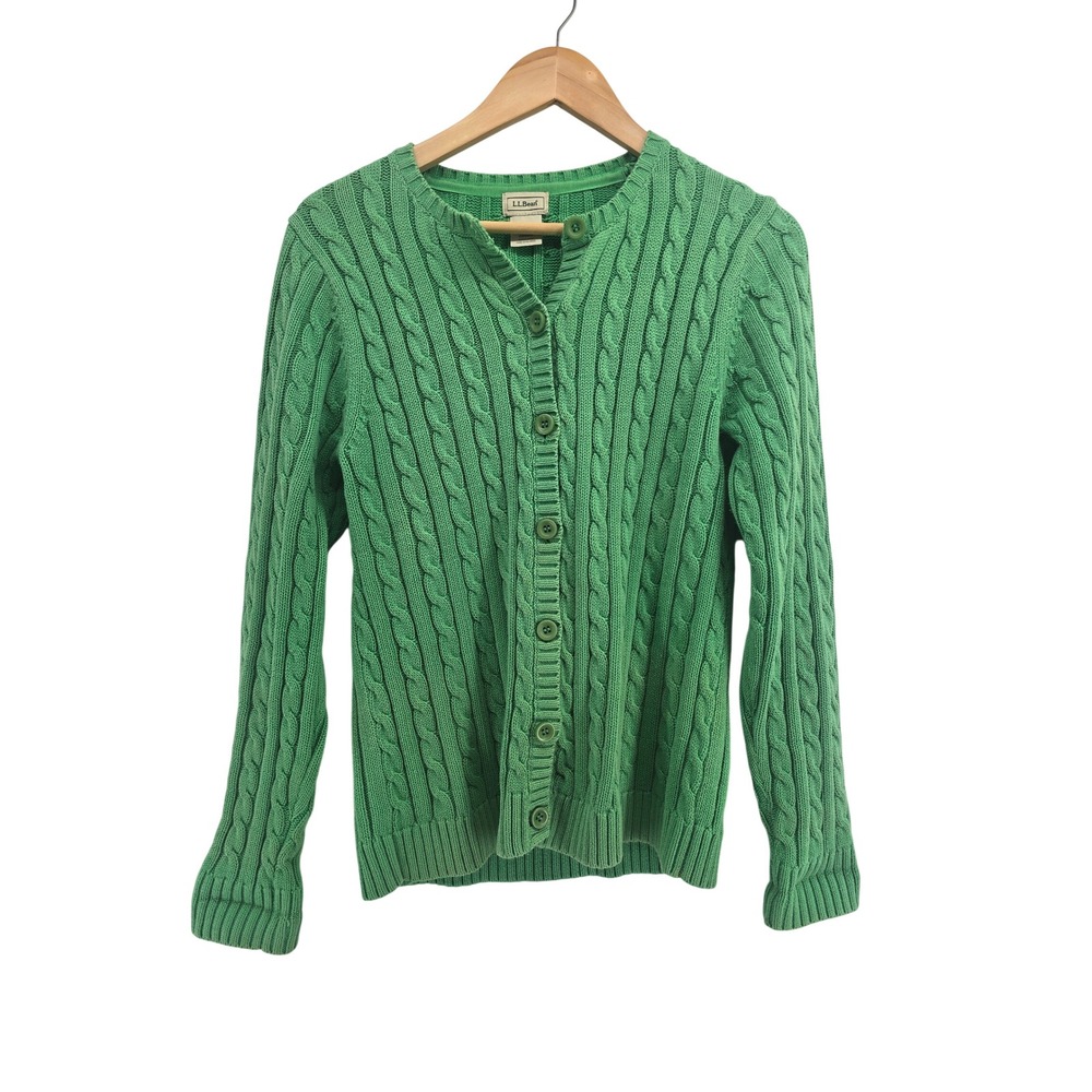 LL Bean Cardigan Womens Small Cable Knit Green Button Front 0HNR9 EUC